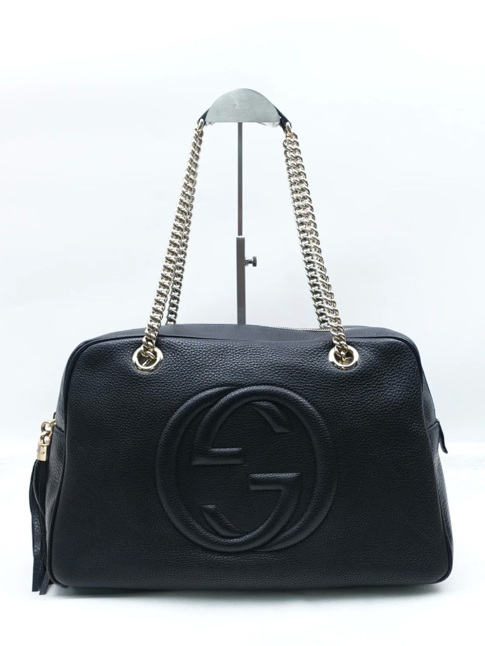 Gucci Black Leather Shoulder Bag with Gold Chain Straps